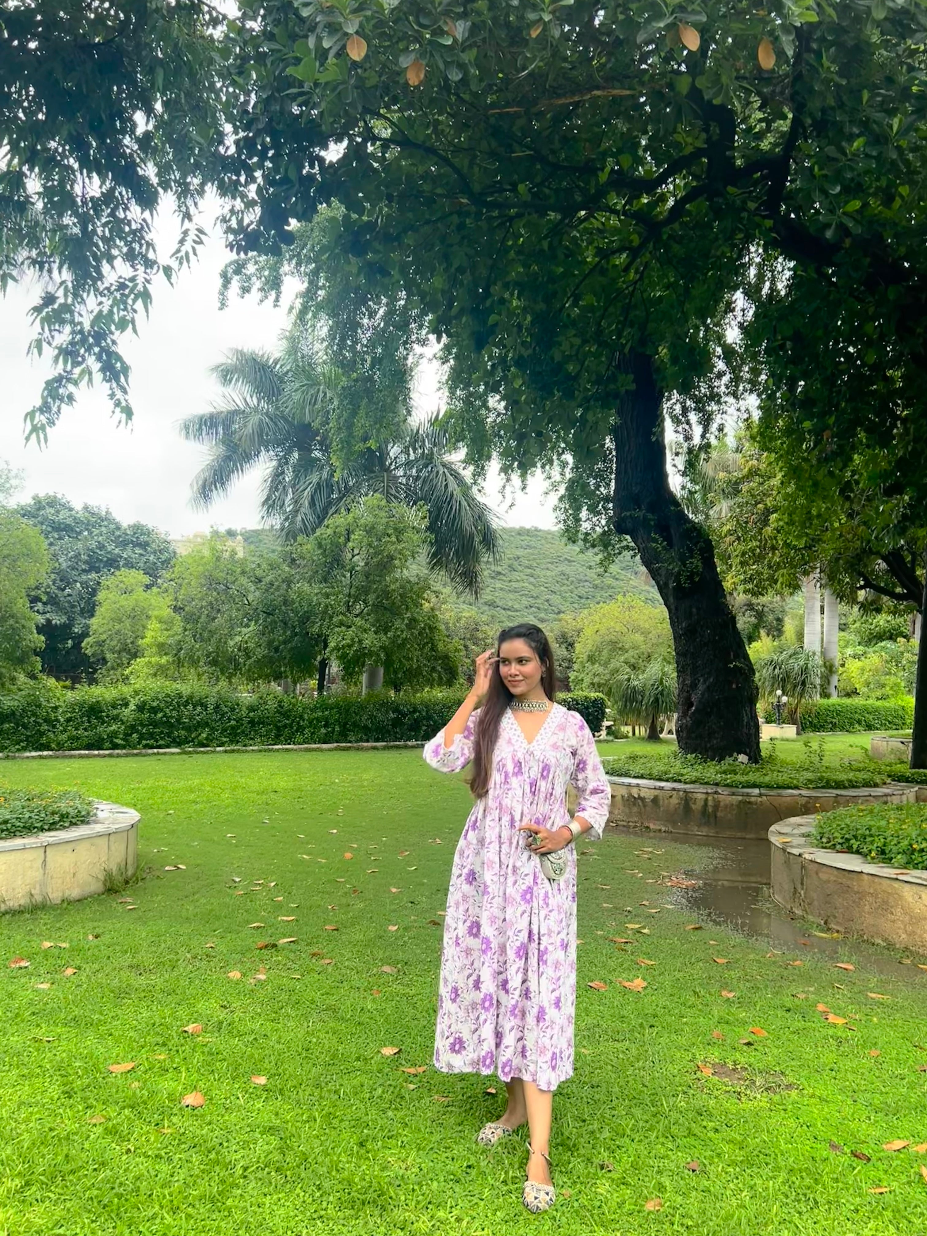 PURPLE BLOCK PRINT DRESS WITH BUTTI AND JAAL PRINTS