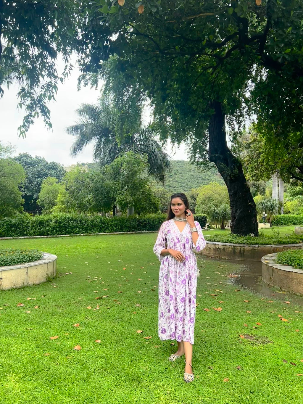 PURPLE BLOCK PRINT DRESS WITH BUTTI AND JAAL PRINTS