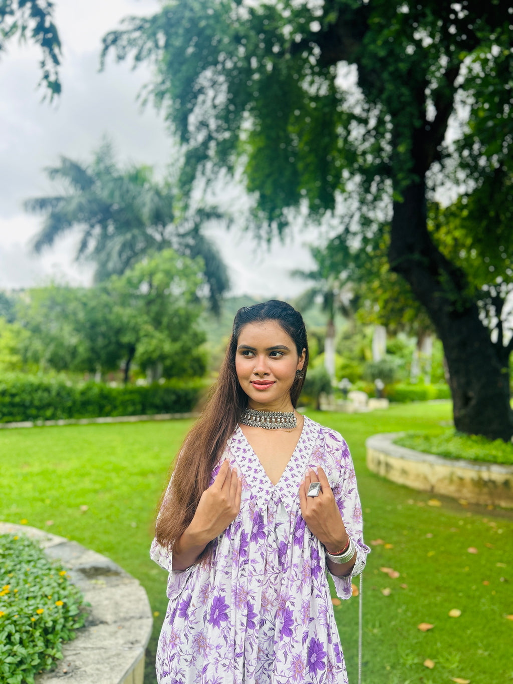 PURPLE BLOCK PRINT DRESS WITH BUTTI AND JAAL PRINTS