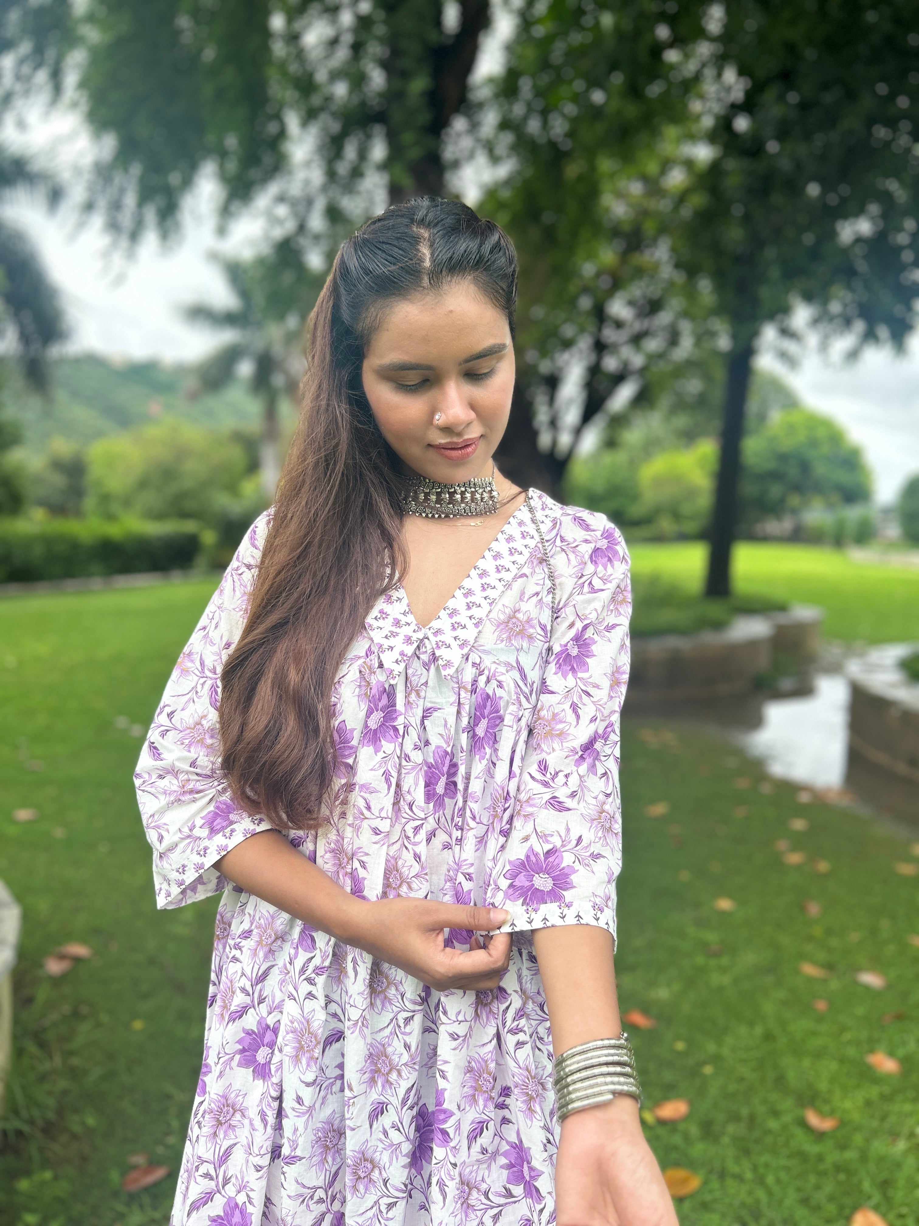 PURPLE BLOCK PRINT DRESS WITH BUTTI AND JAAL PRINTS