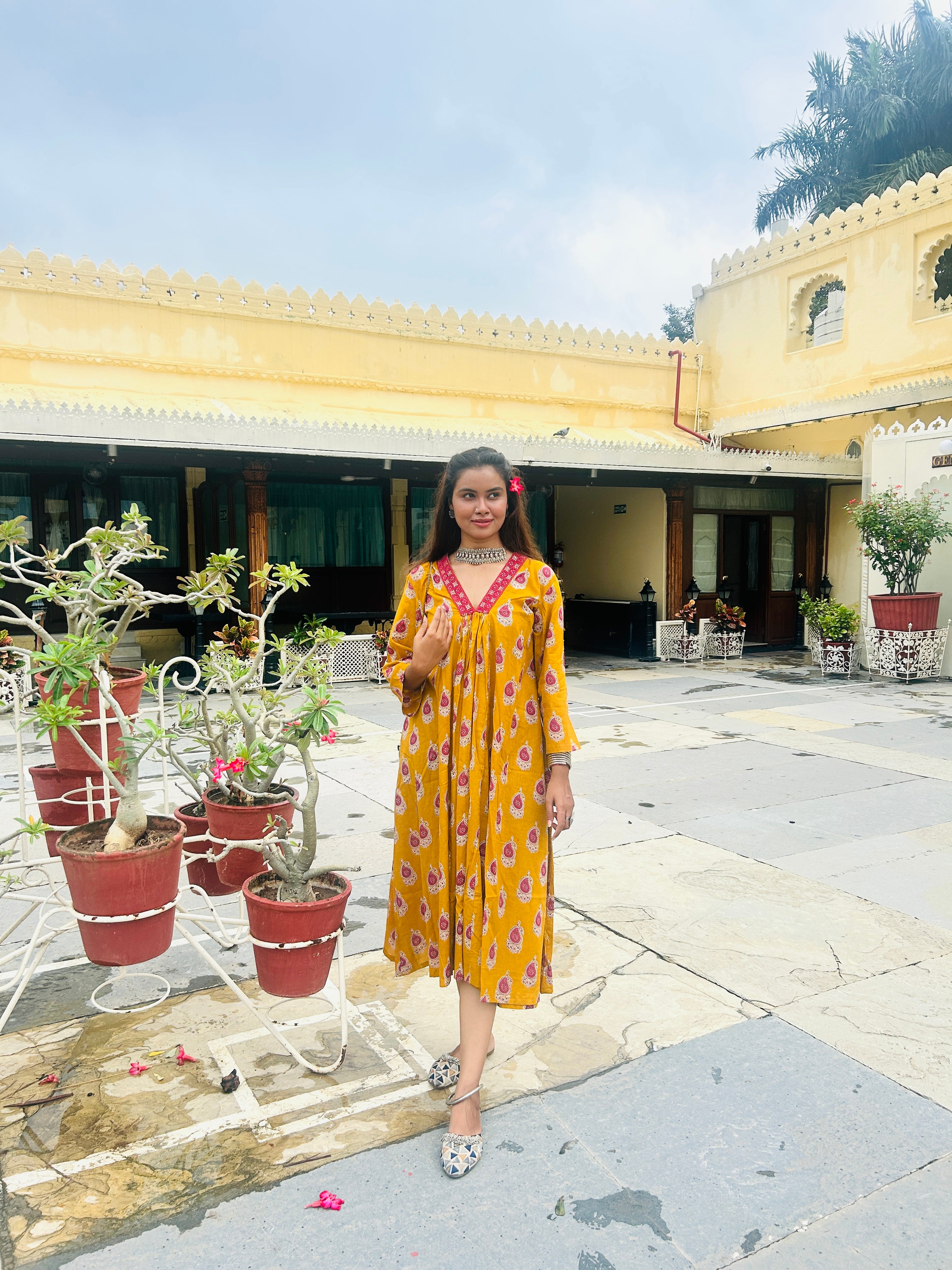 MUSTARD AND RED BUTTA BLOCK PRINT DRESS