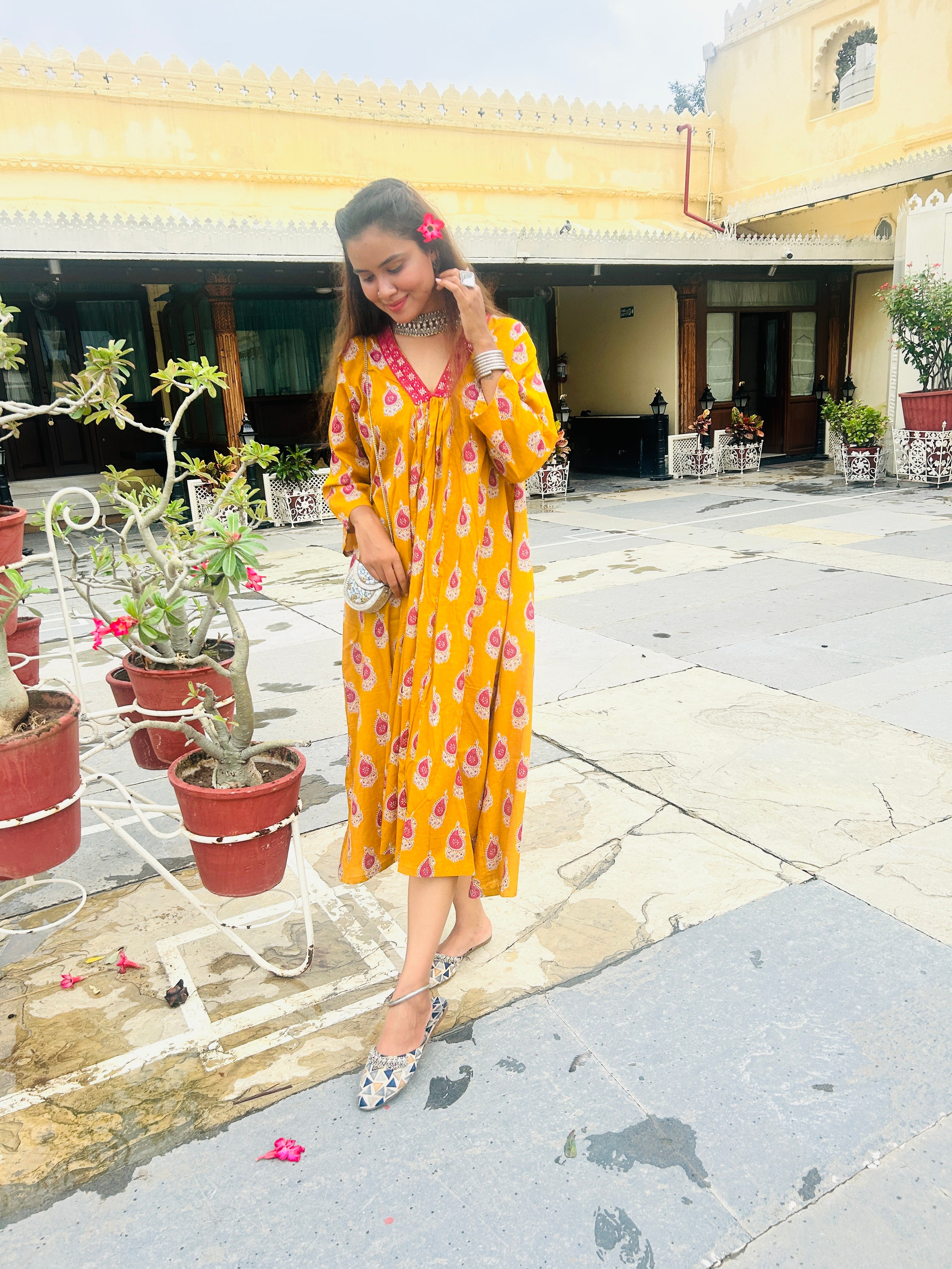 MUSTARD AND RED BUTTA BLOCK PRINT DRESS