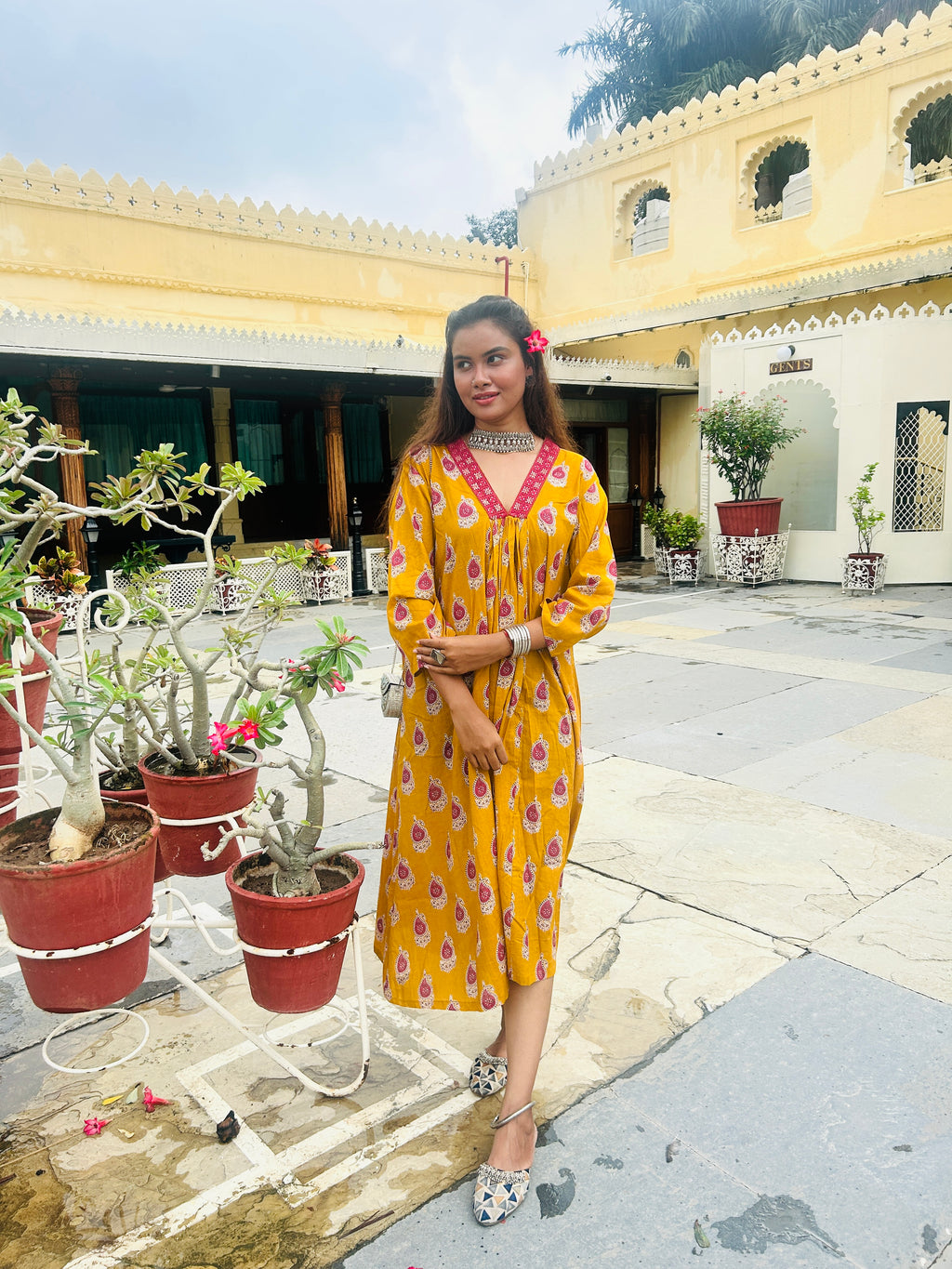 MUSTARD AND RED BUTTA BLOCK PRINT DRESS