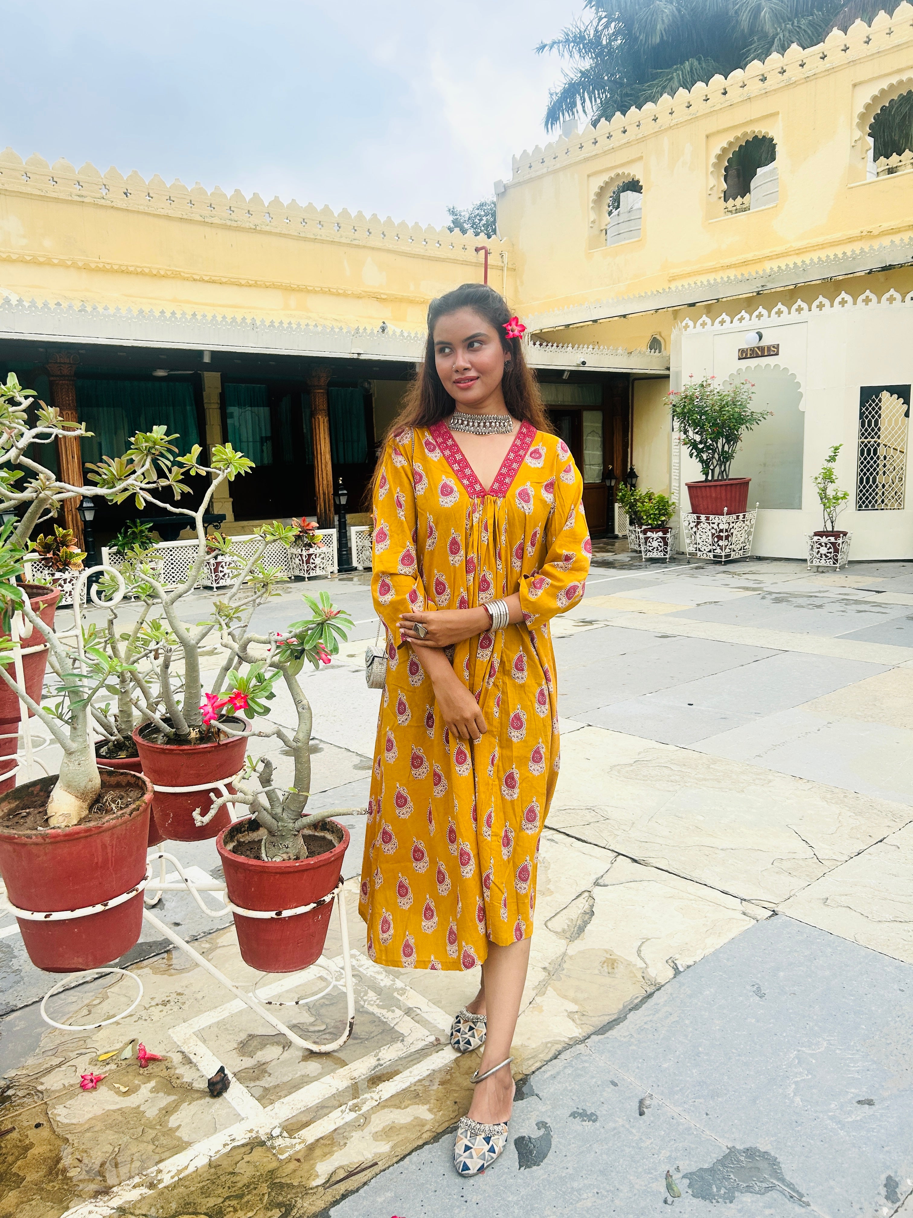 MUSTARD AND RED BUTTA BLOCK PRINT DRESS