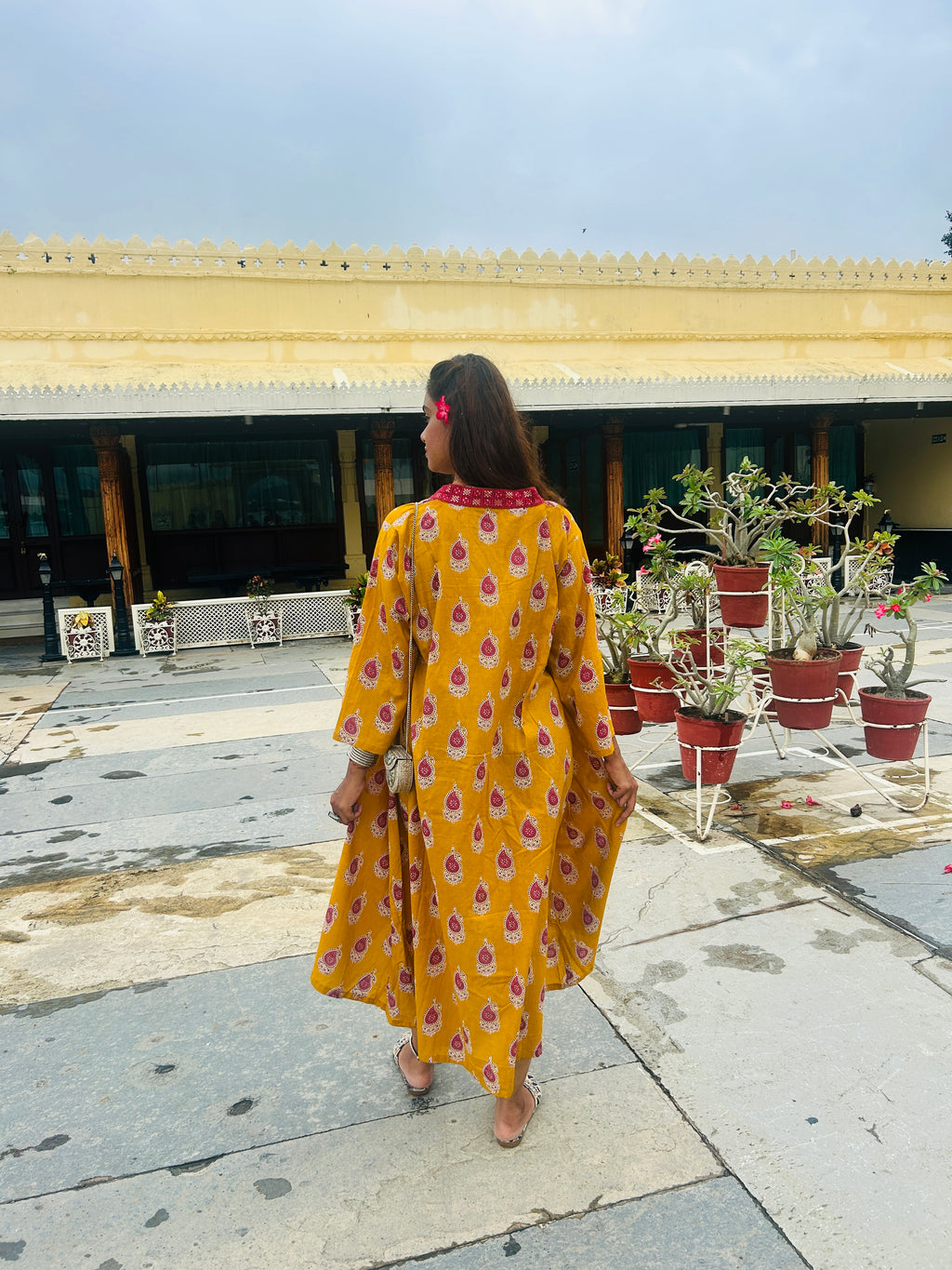 MUSTARD AND RED BUTTA BLOCK PRINT DRESS