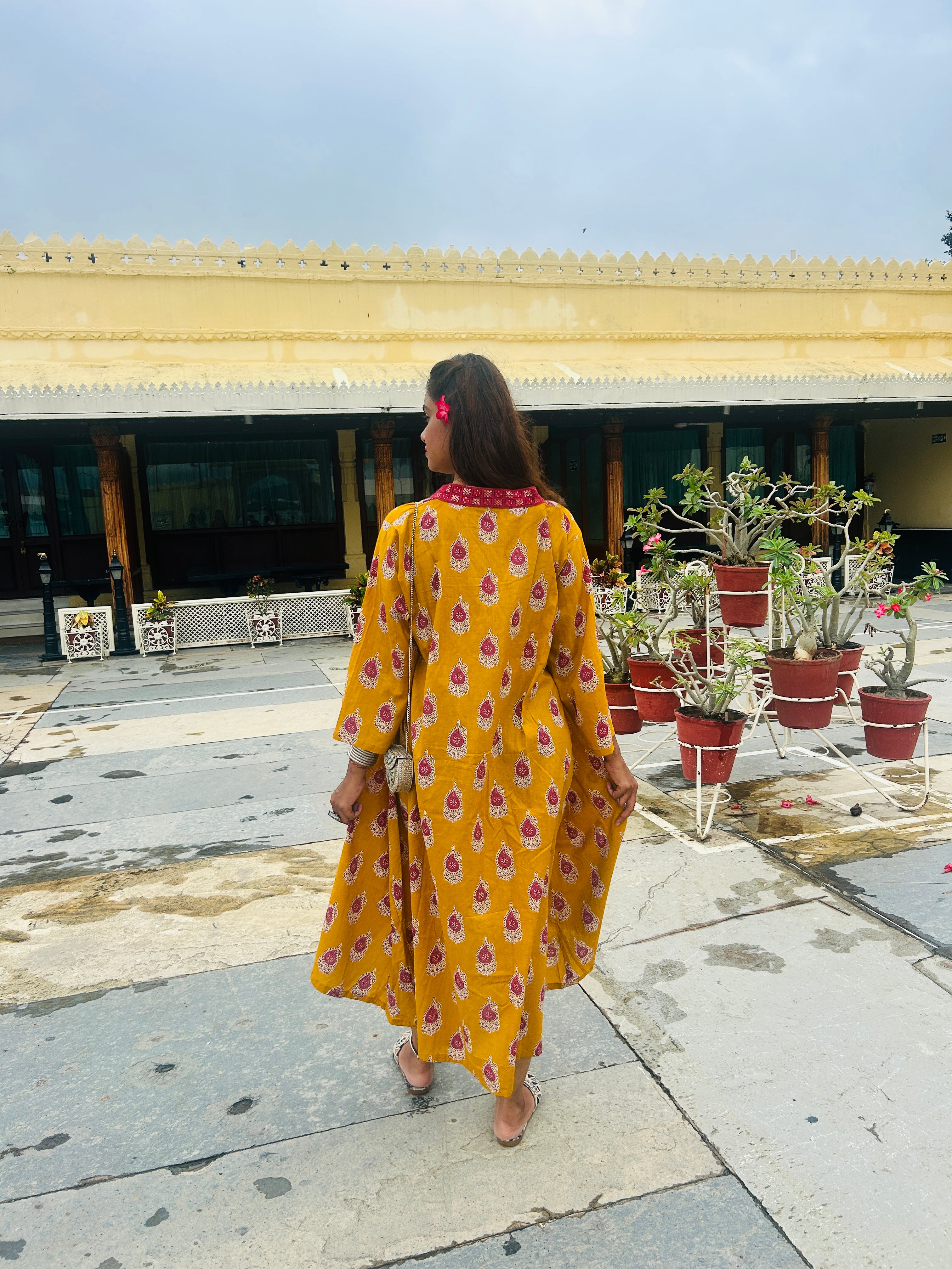 MUSTARD AND RED BUTTA BLOCK PRINT DRESS