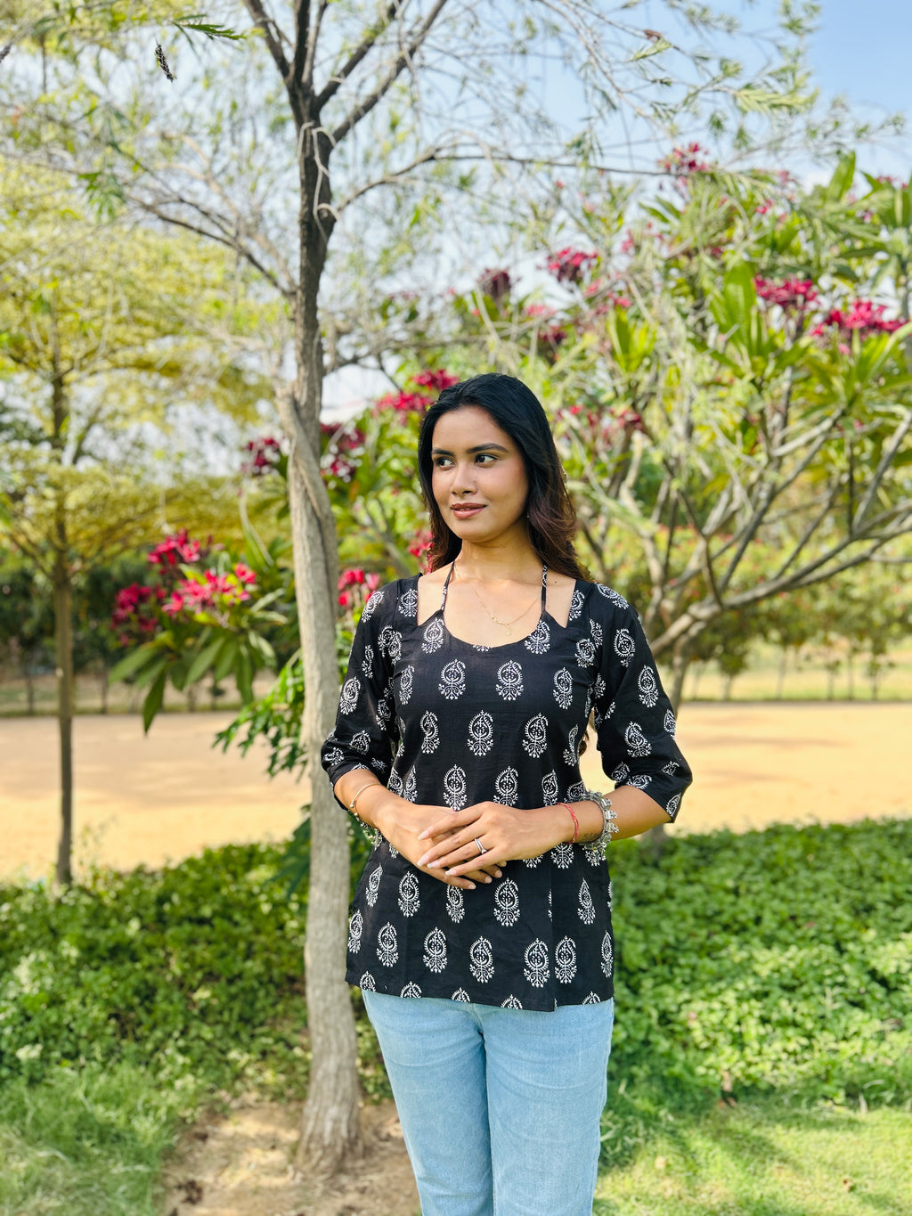 Black butti block print short kurti