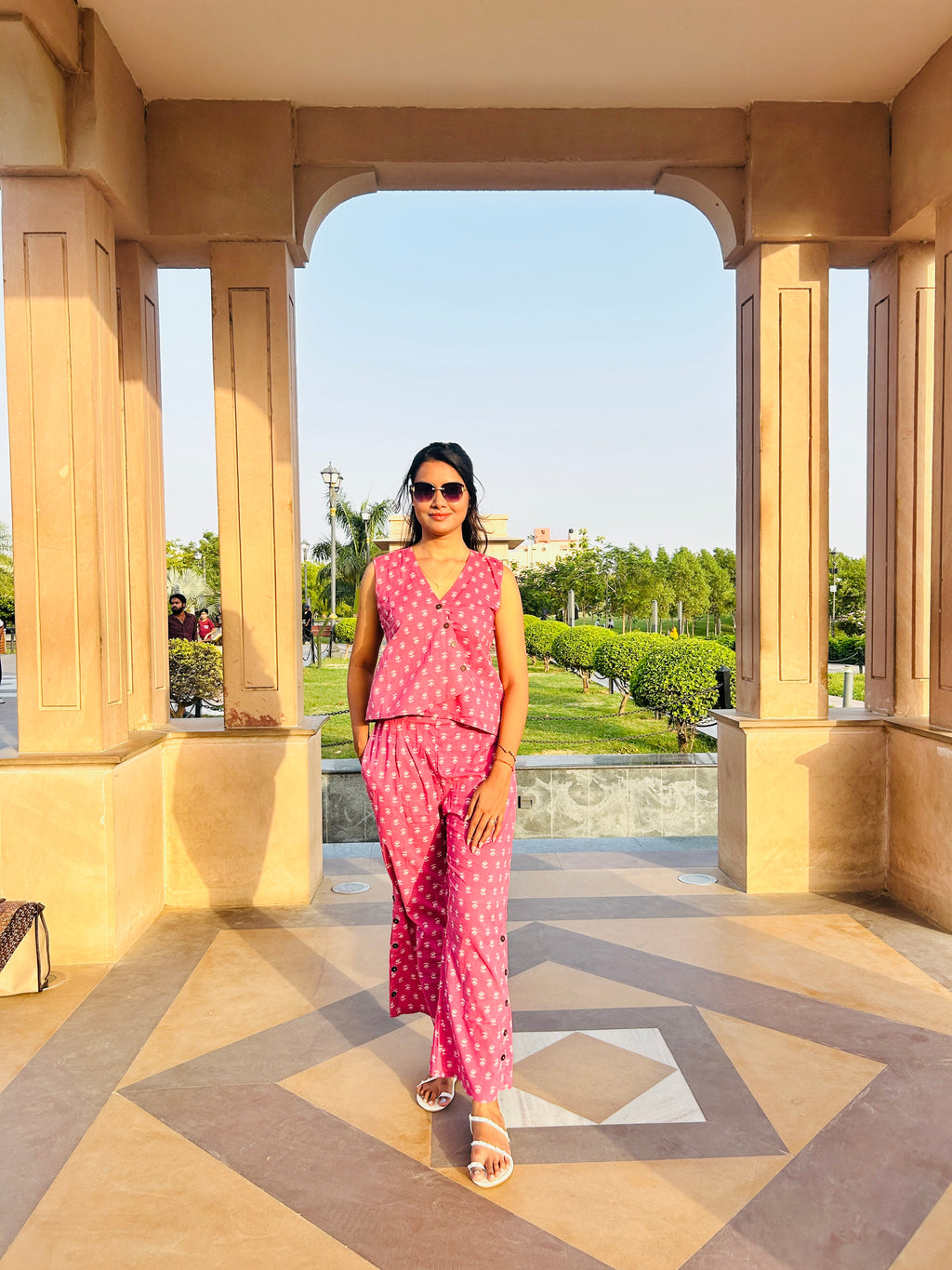 Women's Pink Printed Co-Ord Set | Sleeveless Peplum Top with Wide-Leg Pants | Casual Summer Outfit