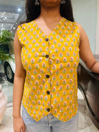Yellow Hand Block Print Sleeveless Top