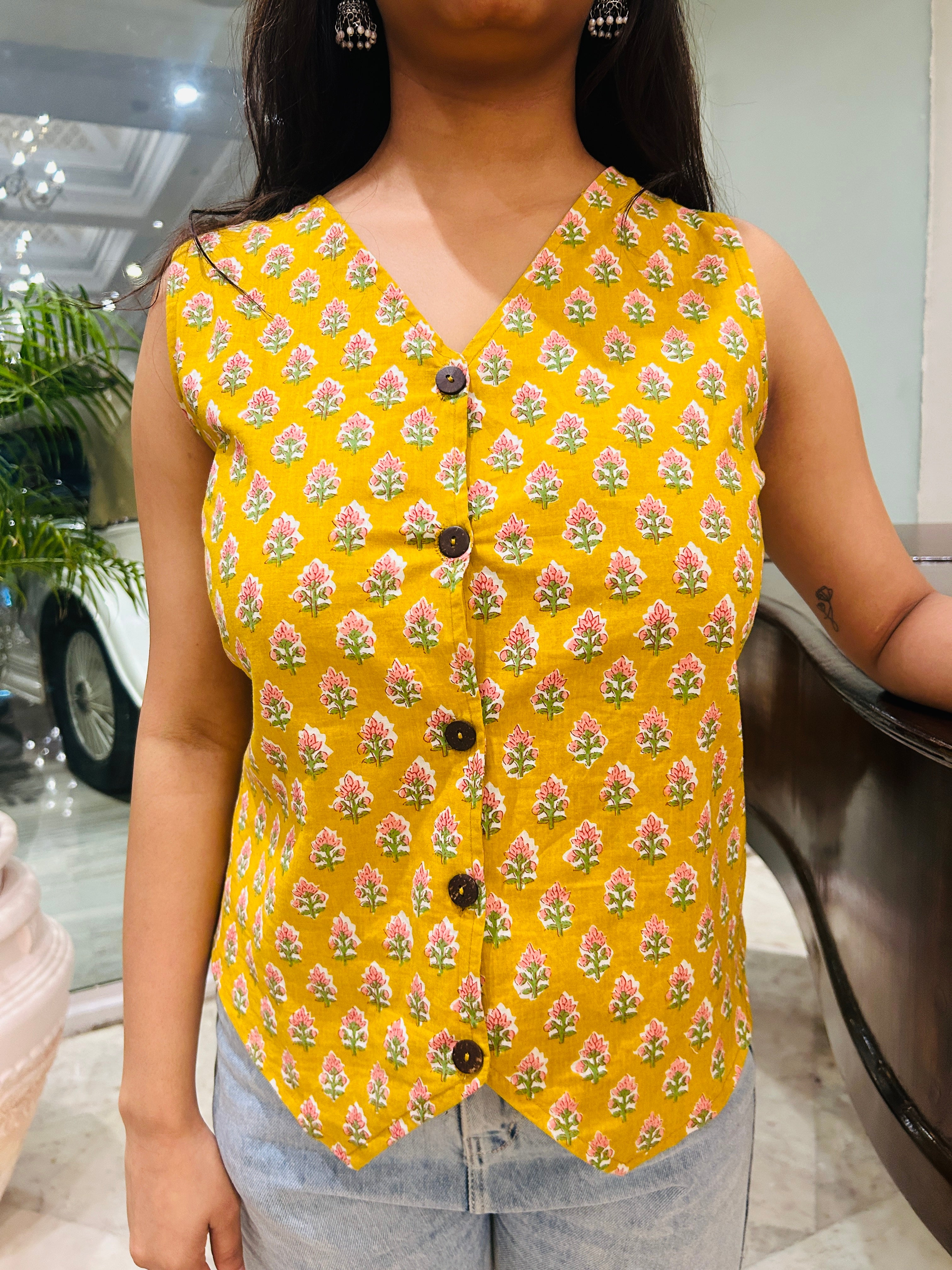 Yellow Hand Block Print Sleeveless Top