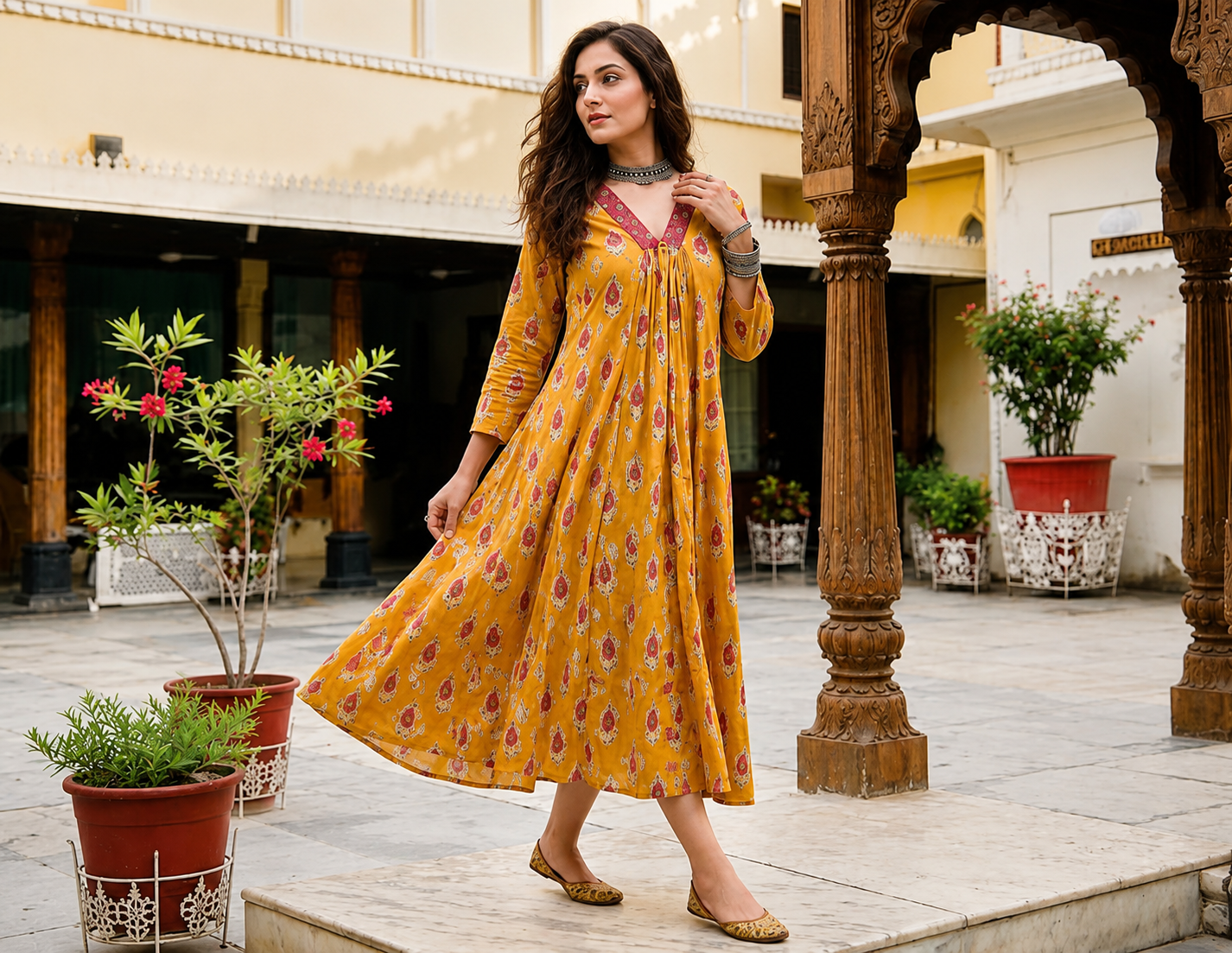 A woman modeling a yellow printed kurta in an outdoor courtyard setting with traditional wooden pillars and potted plants.