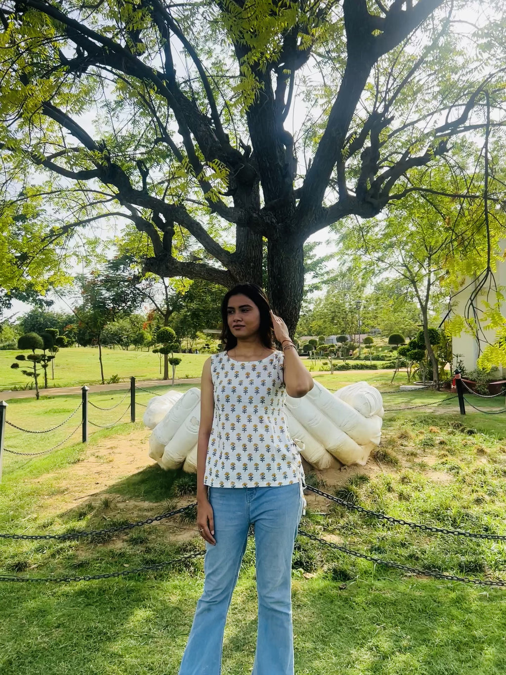 Yellow butti Block print short kurti
