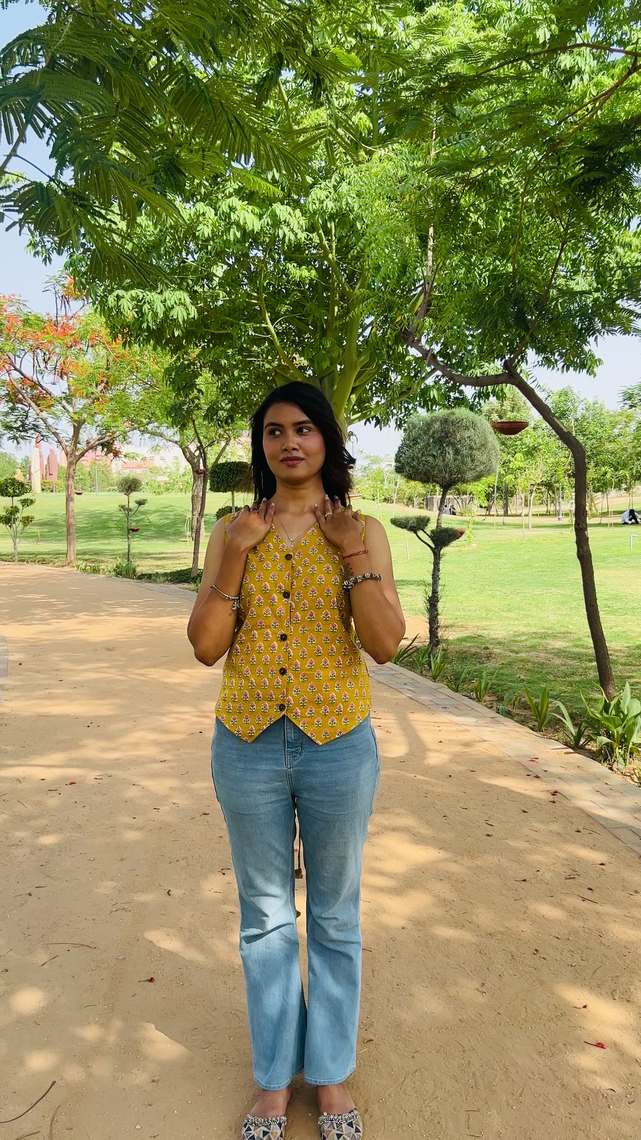 Yellow Hand Block Print Sleeveless Top